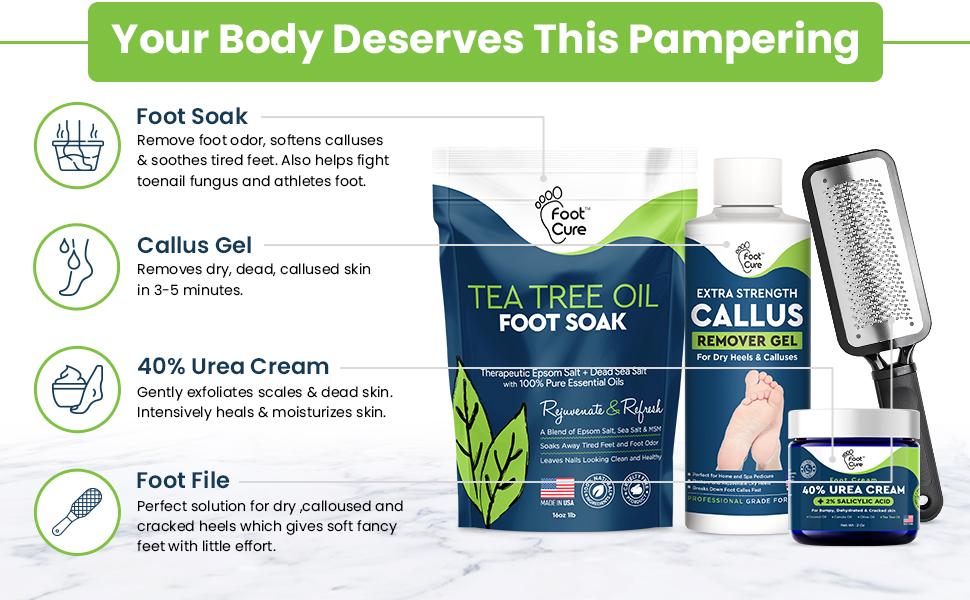 Foot Cure Foot Exfoliator & Callus Remover Kit – 4pc Set with File, Urea Cream & Tea Tree Soak Salts