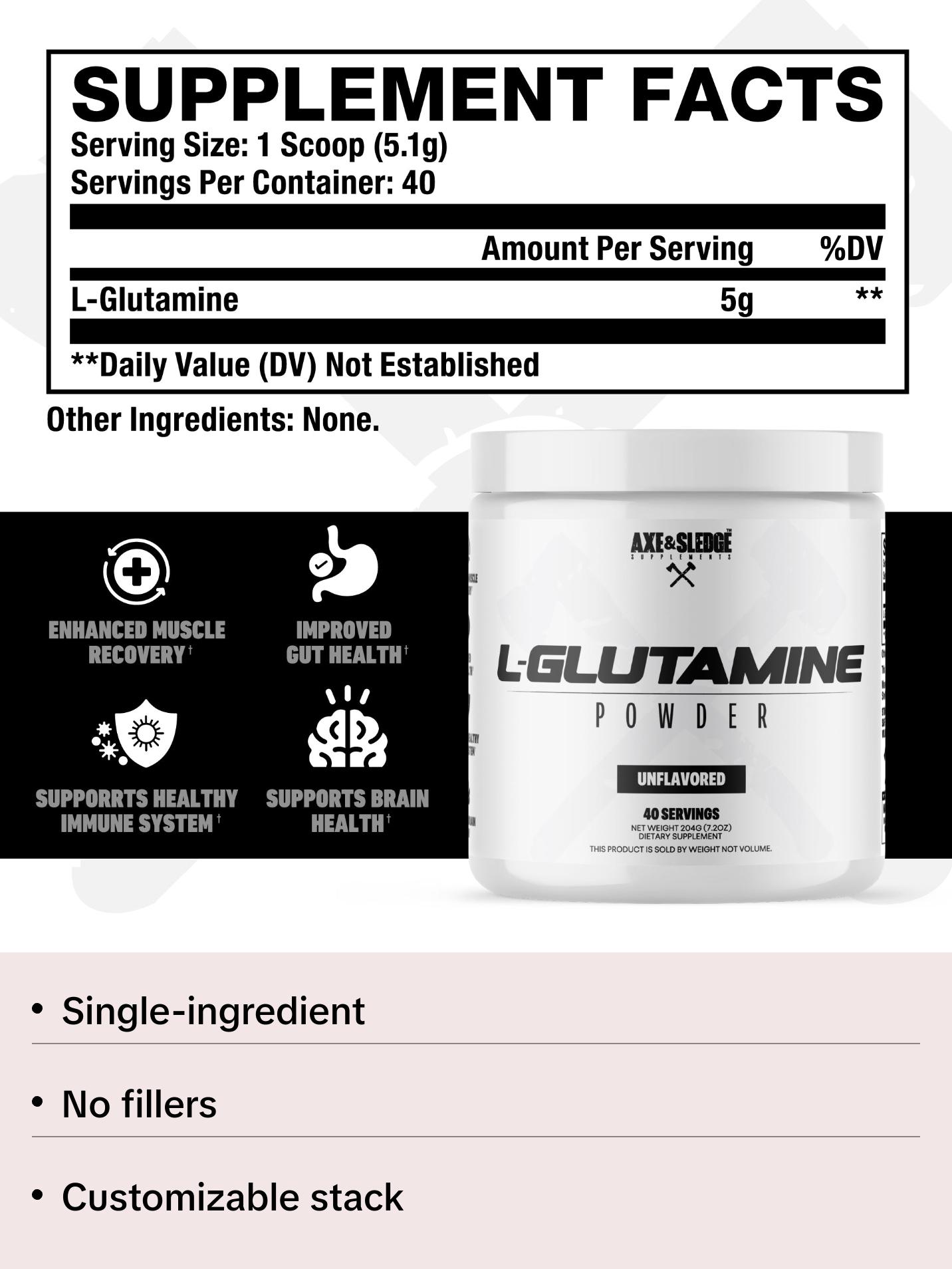 Axe & Sledge Basics Glutamine, 5g Pure L-Glutamine, Muscle Recovery & Performance | 40 Servings