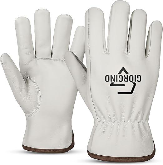 Giorgino 12 Pairs Leather Work Gloves Men with FREE Denim Apron Heavy Duty Cowhide Driver Gloves Unlined Construction Gloves