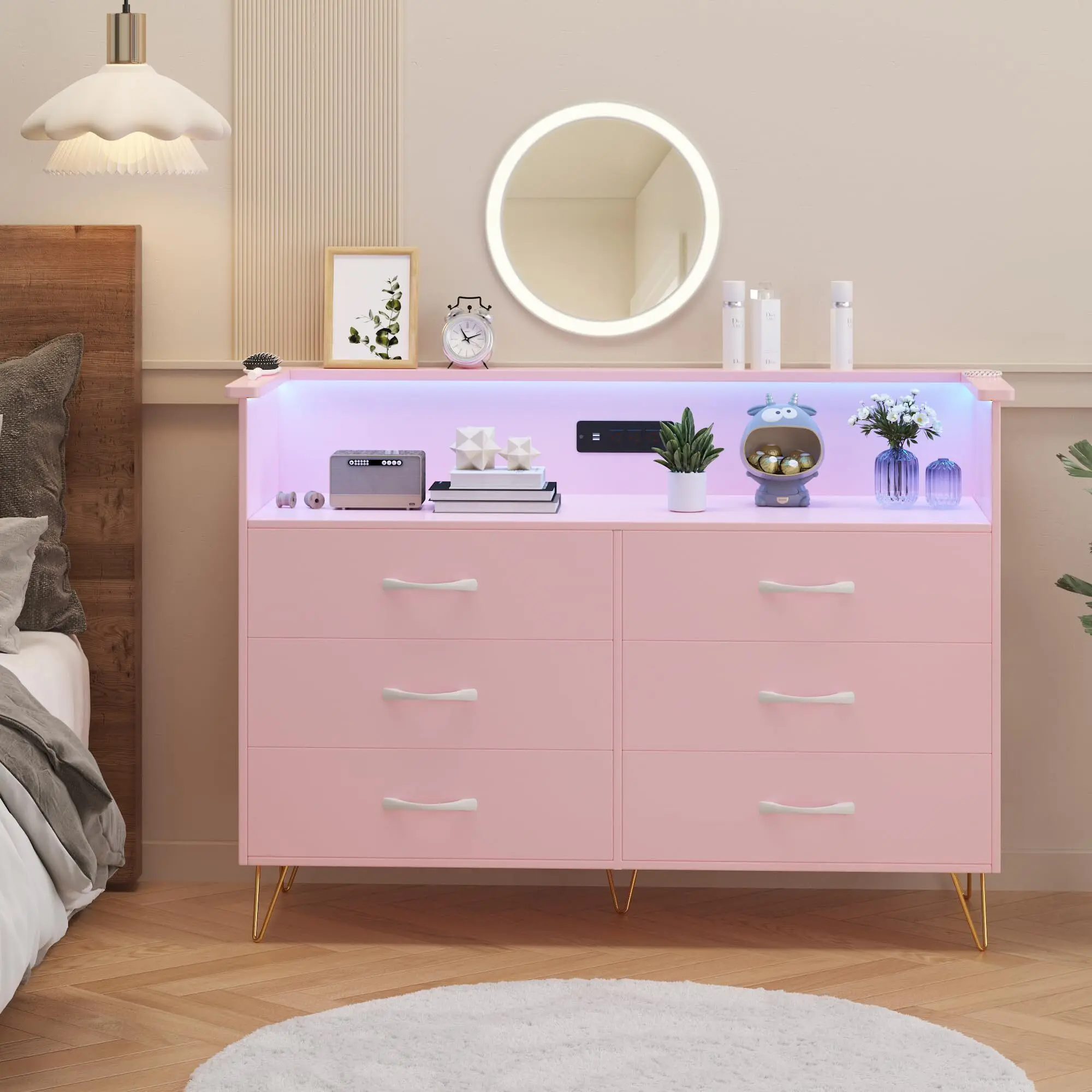 Pink Dresser for Bedroom with LED Lights 6 Drawer Dressers with Charging Station Wood Storage Chest for Entryway Closet Living Room Hallway – Sturdy Steel Frame Wooden Top Easy Pull Handles