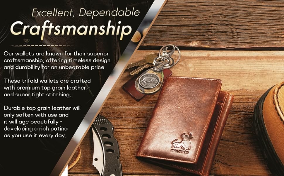 BULL GUARD Best Leather Men's RFID Trifold Wallet With ID Great Outdoor Wallet
