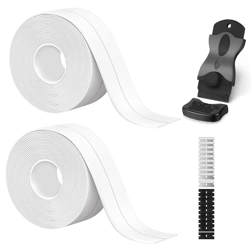 1.5in x 10.5ft Peel-Stick Self-Adhesive Caulk Strip Tape Kit, with Finishing Tool and Scraper Blades, Waterproof Sealant Tape for Bathtub, Shower, Kitchen Counter, White
