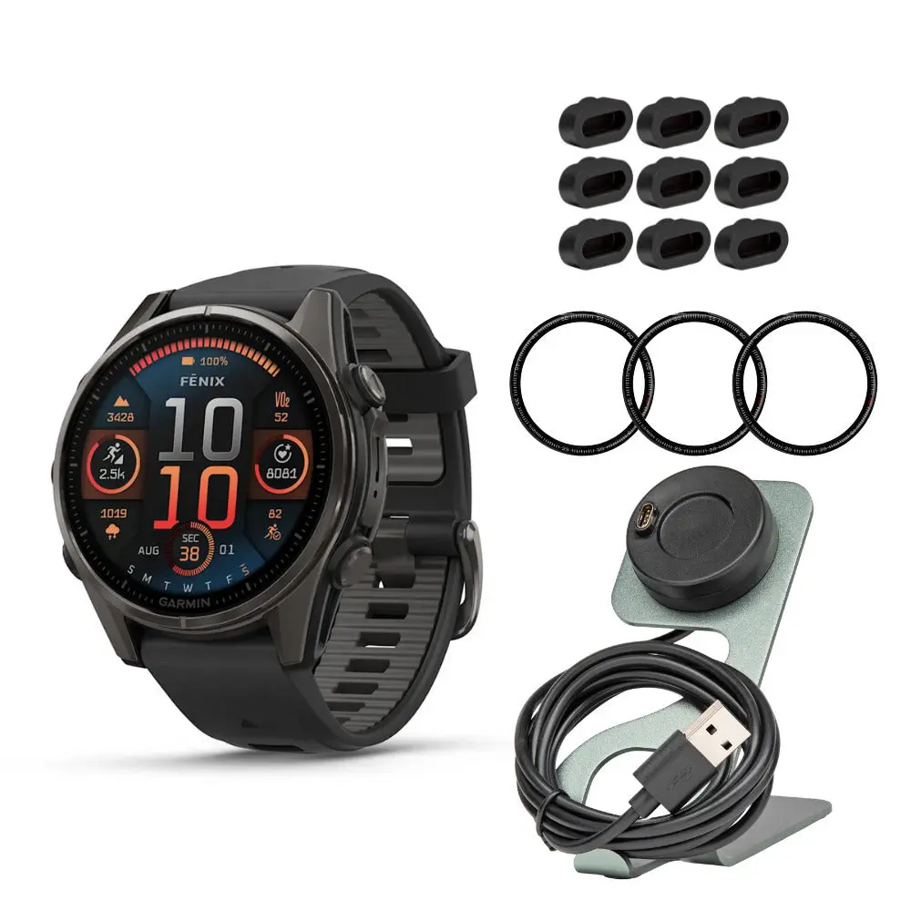 Garmin Fenix 8 43mm Portable GPS Smartwatch - Carbon Gray DLC Titanium Case, Black-Pebble Gray Band, Adjustable, Screen-Equipped, USB-Charging Aluminium Smart Device Bundle