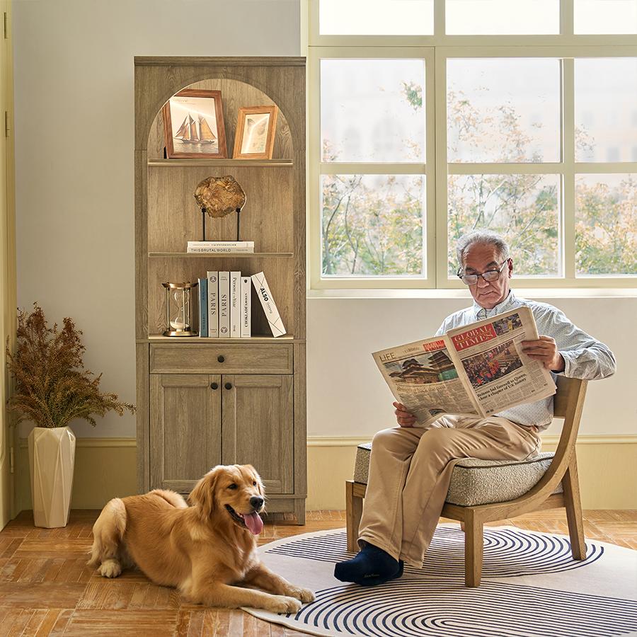 Hulala Baggio Modern Storage Bookcase with Smooth-Glide Drawer, Built-in LED Light, Arched Shape, Touch Switch for Three Lighting Options, Bookshelf, Living Room, Aesthetic