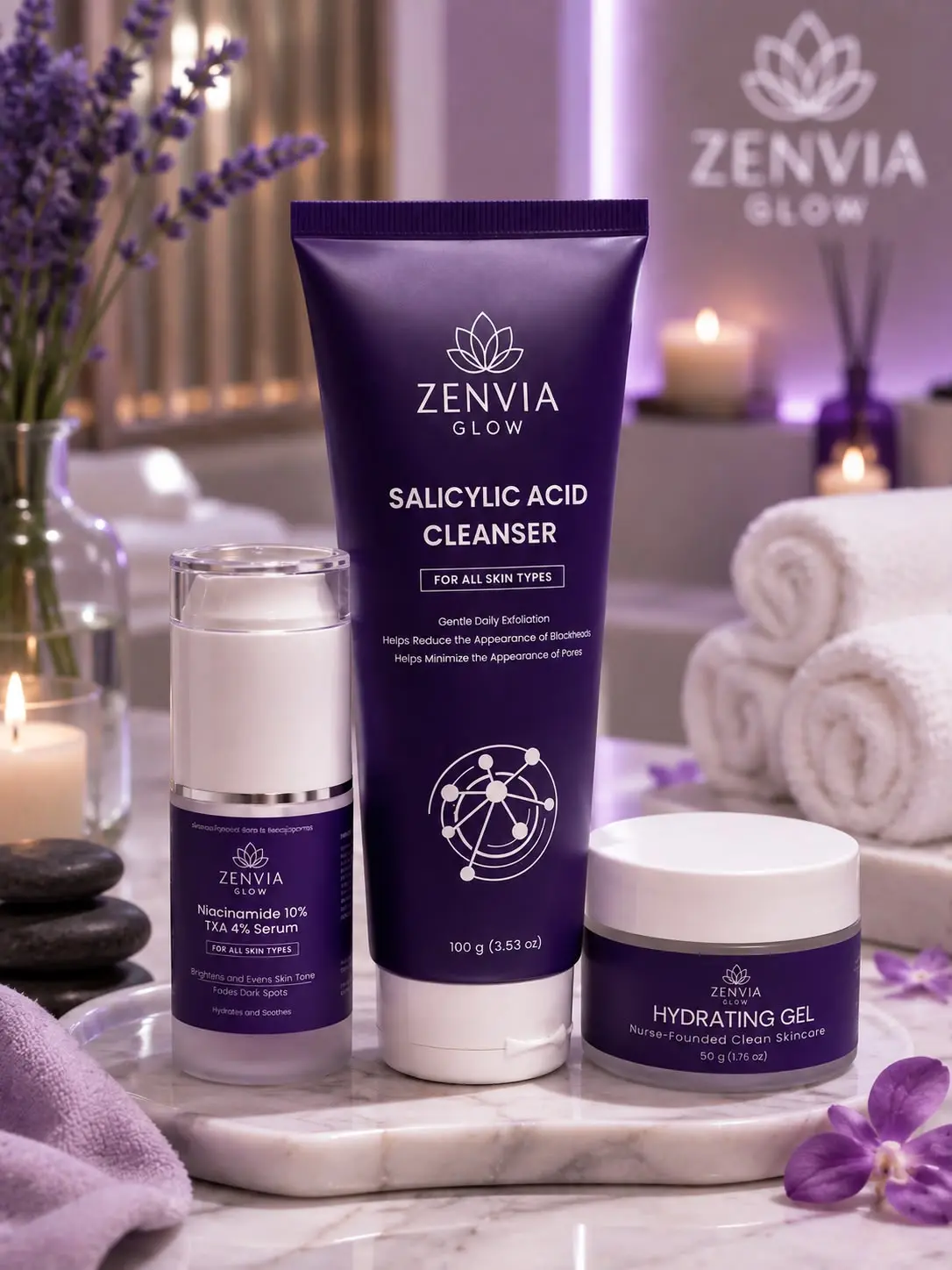 ZenviaGlow Skincare Kit - Pack of 3 Hydrating Gel, Salicylic Acid Cleanser and Serum - Lightweight & Non-Greasy - Hydrate Clear Glow Moisture Moisturizer