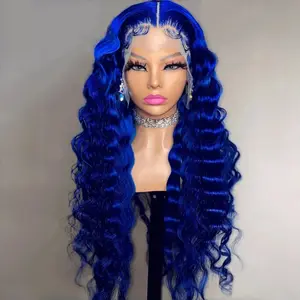 Dark Blue Deep Wave Wig Glueless Wig Lace Frontal Pre-plucked Hairline Heat Resistant Synthetic Wig for Women