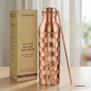 Honeycomb 100% Pure Ayurvedic Copper Water Bottle with Free Straw and Canvas Bag