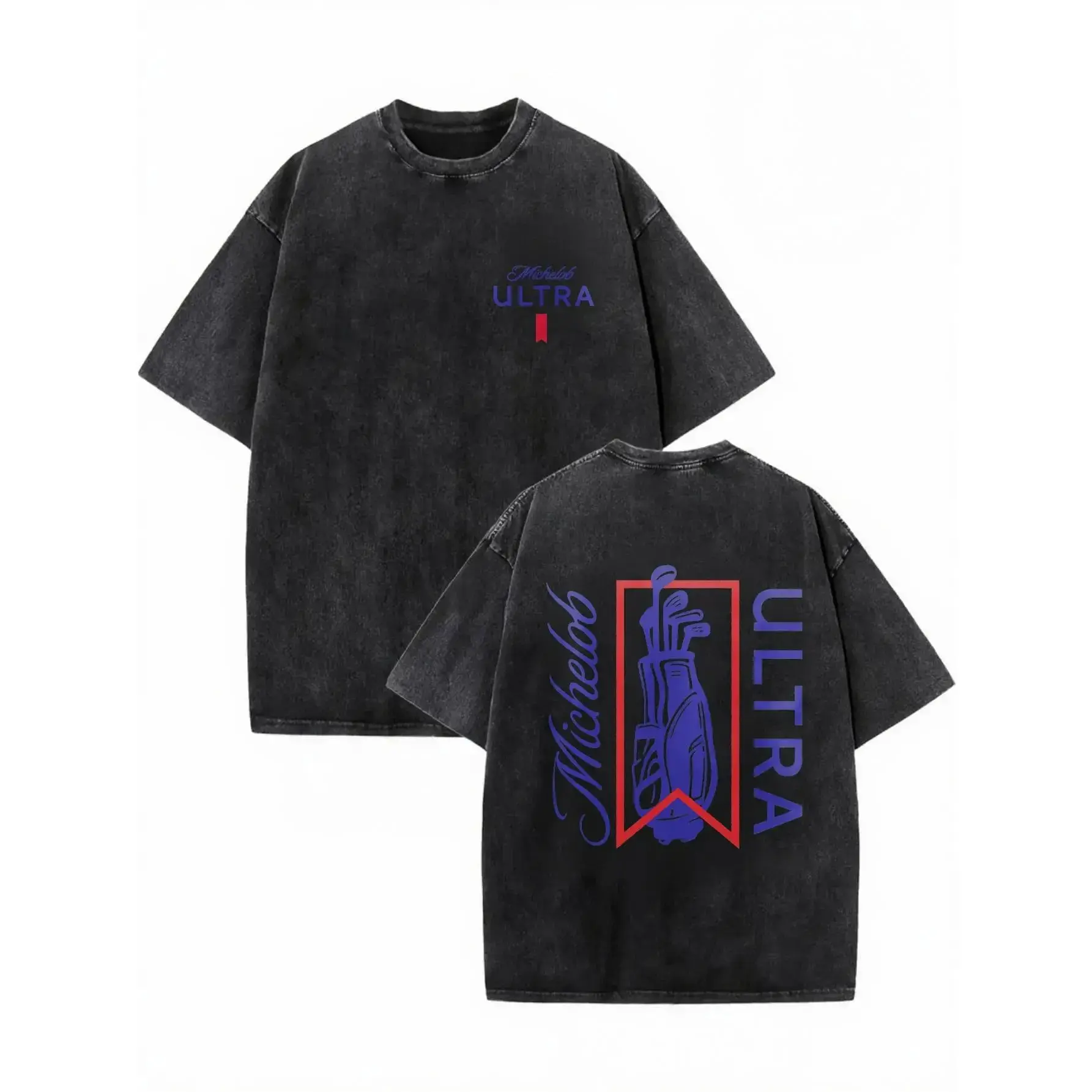Michelob Ultra Golf Bag Silhouette Wash Cotton Distressed Oversized Graphic Tee Men's Short Sleeve Pure Cotton T-Shirt Loose Fit, Retro Sports Streetwear Casual Golf Beer Aesthetic Baggy 100% Cotton Tee Gift