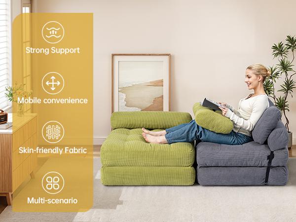 【Valentine’s Day Gift】Sofa Bed Convertible 3 in 1 Folding Couch with Headrest Lumbar Pillow & Comfortable Shredded Foam Filling for Living Room Bedroom Single Size