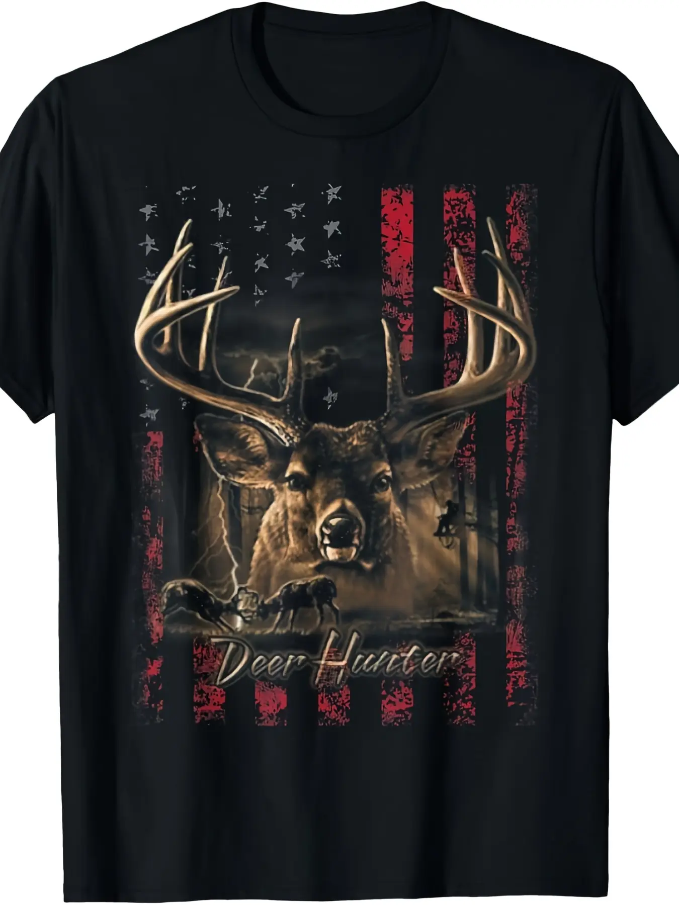 I LOVE USA American Flag & Deer Hunter Graphic T-Shirt - Patriotic Hunting Shirt with Stars & Stripes, Lightweight Breathable Fabric, Plus Size Casual Tee for Outdoor,, Camping & Casual Attire, PLUS SIZE