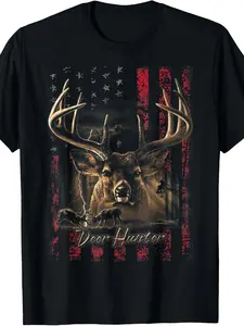 I LOVE USA American Flag & Deer Hunter Graphic T-Shirt - Patriotic Hunting Shirt with Stars & Stripes, Lightweight Breathable Fabric, Plus Size Casual Tee for Outdoor,, Camping & Casual Attire, PLUS SIZE