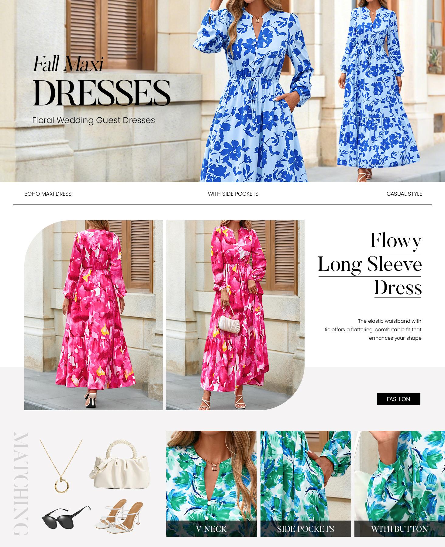 BTFBM Women Boho Maxi Dress Fall Fashion 2026 Floral Long Sleeve V Neck  Button Pockets Flowy Vacation Wedding Dresses#Clearance - TikTok Shop