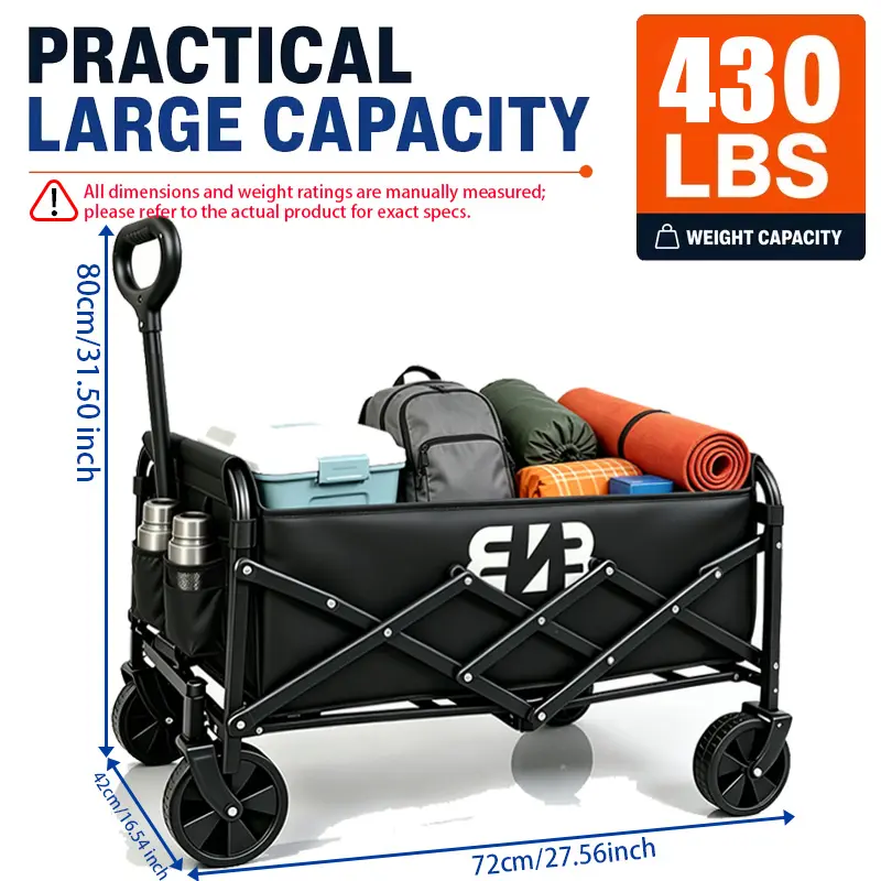 ENB Foldable Wagon Cart - 120L Lightweight Collapsible Trolley, 280 lbs Load Capacity, All-Terrain Tires, Adjustable Handle, Compact Fold for Camping, Grocery Shopping