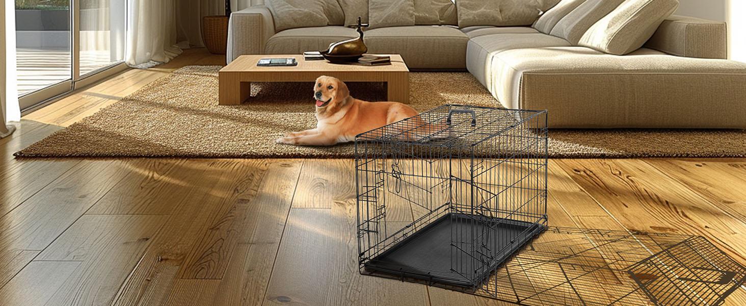 Large Dog Crate with Divider Panel, 24''/30''/36''/42''/48'' Double Door Folding Metal Wire Dog Cage with Plastic Leak-Proof Pan Tray, Pet Kennel for Indoor, Outdoor, Travel dogcrate training