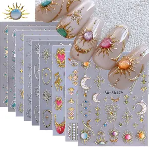 Sun Nail Stickers Decals 9 Sheets Bohemian Style Nail Art Stickers 5D/3D Embossed Self Adhesive Moon Star Heart Flame DIY Metallic Designs Gothic Decoration Supplies Nail Accessories for Women
