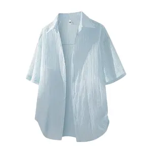 Summer loose breathable sun-protection shirt, textured ice silk short-sleeve shirt, men’s new lightweight trendy short-sleeve shirt