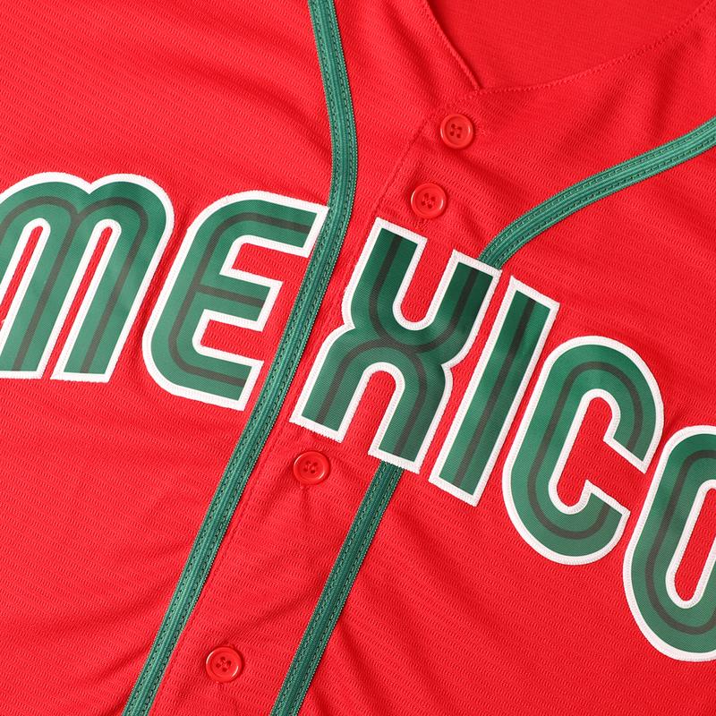 Mexico #34 Red Green Stitched Baseball Jersey Button Up Shirt with Mexican Flag Patch Embroidered Letters Classic Fan Apparel for Men Women