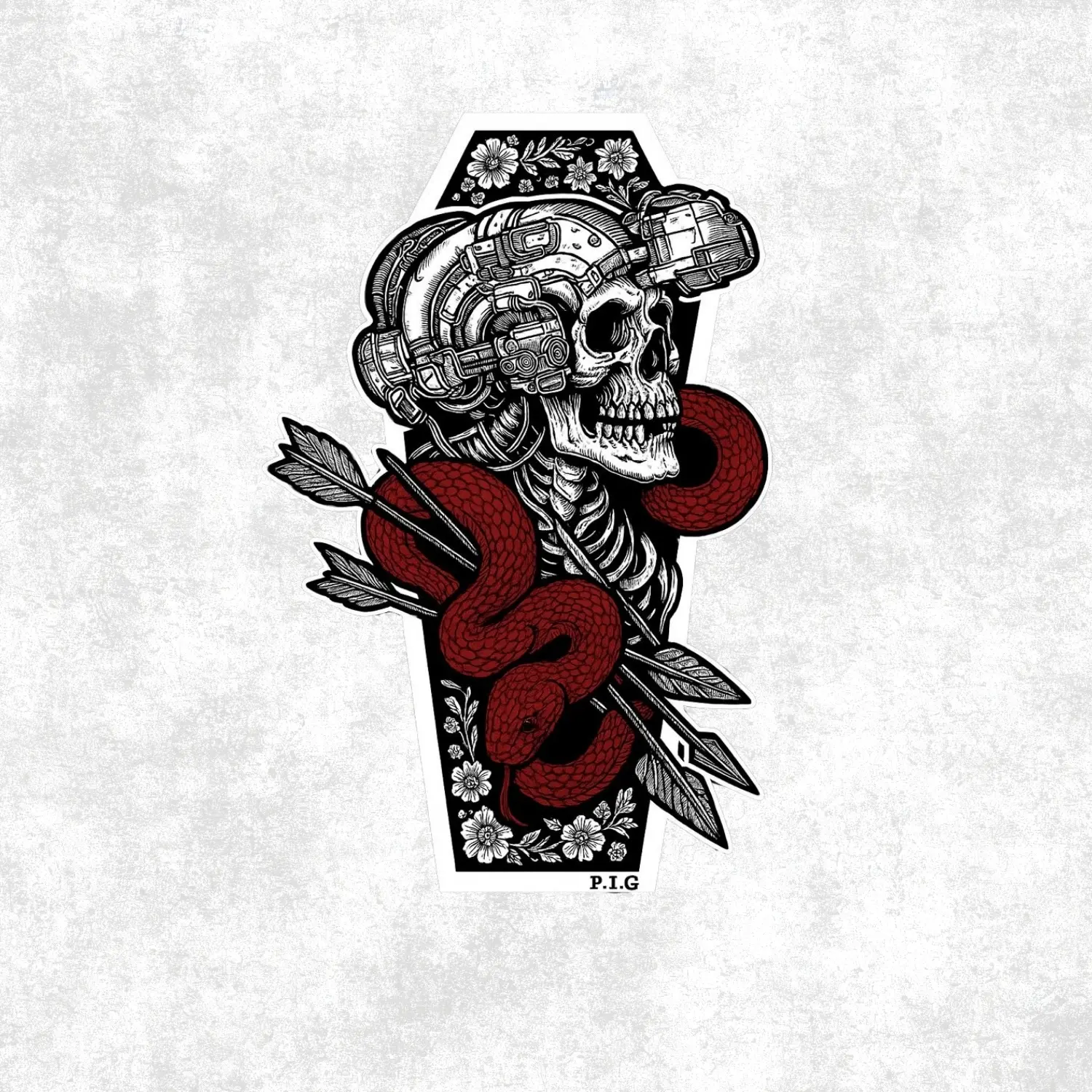 Tactical Skull & Red Serpent Vinyl Sticker – Night Vision Helmet, Arrows & Floral Coffin Frame – Gothic Art Decal for Car, Laptop & Gear