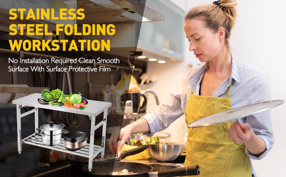 【GARVEE】48 x 30 Inches Stainless Steel Folding Table with NSF Certification, Commercial Kitchen Prep Table Featuring Under Shelf, Ideal for Restaurant and Home Use