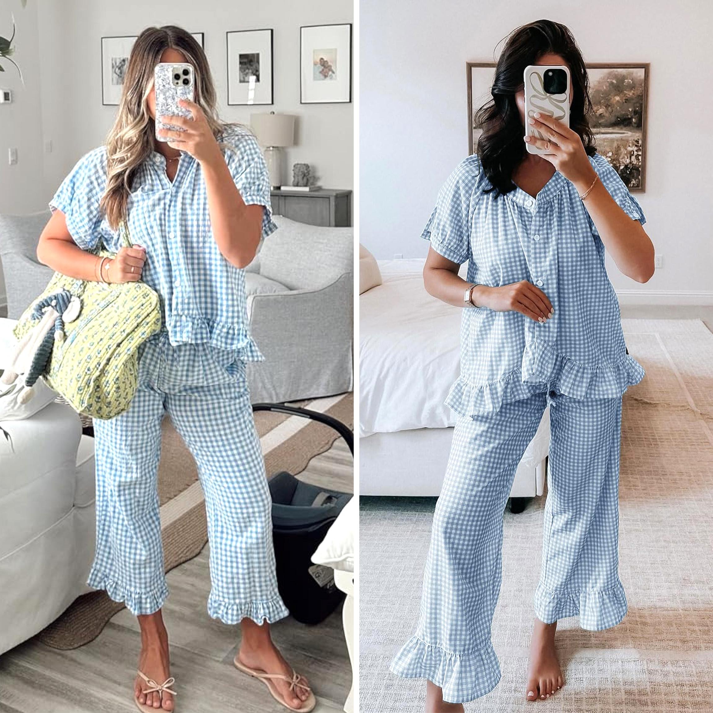 Buenoble Womens Plaid 2 Piece Pajamas Sets Gingham Button Down Puff Sleeve Babydoll Shirt Ruffle Pants Y2K Pjs Lounge Set SpringStatements