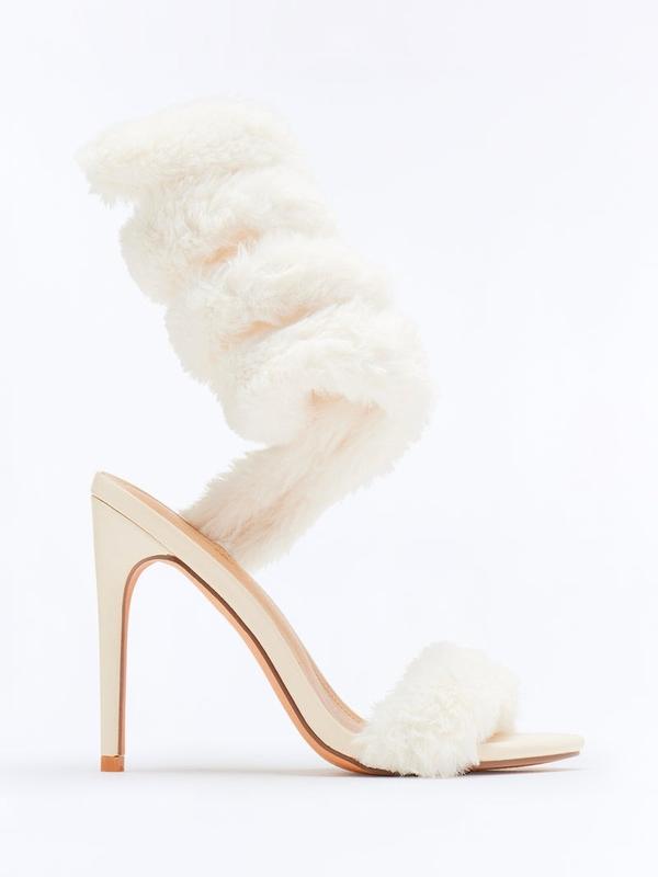 Flurry Faux Fur Wrap Up Heels - Ivory