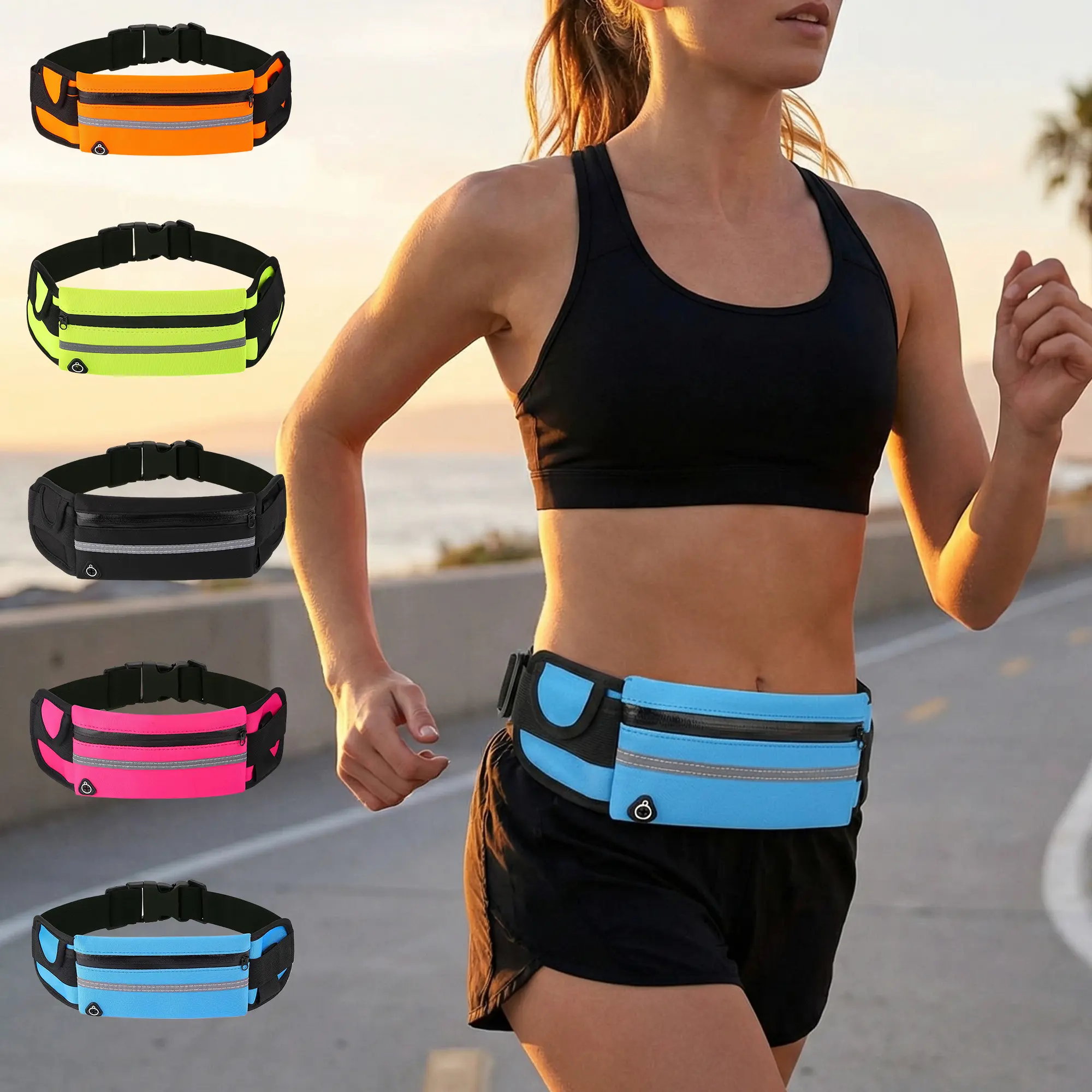 Running Belt Bag with Water Bottle Holder & Headphone Port – Reflective Waterproof Fanny Pack for Men Women, Slim Waist Pouch Fits Phone Keys Cards, Perfect for Running, Gym, Hiking, Cycling, Travel – Night Running Safety Essential