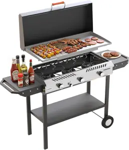 Veralune 3 Burner Propane Stove with Auto Ignition, 225,000 BTU Gas Griddle with Storage Shelf, Rolling Wheels, Portable Outdoor Cooking Stove for Patio Home Cooking and Frying