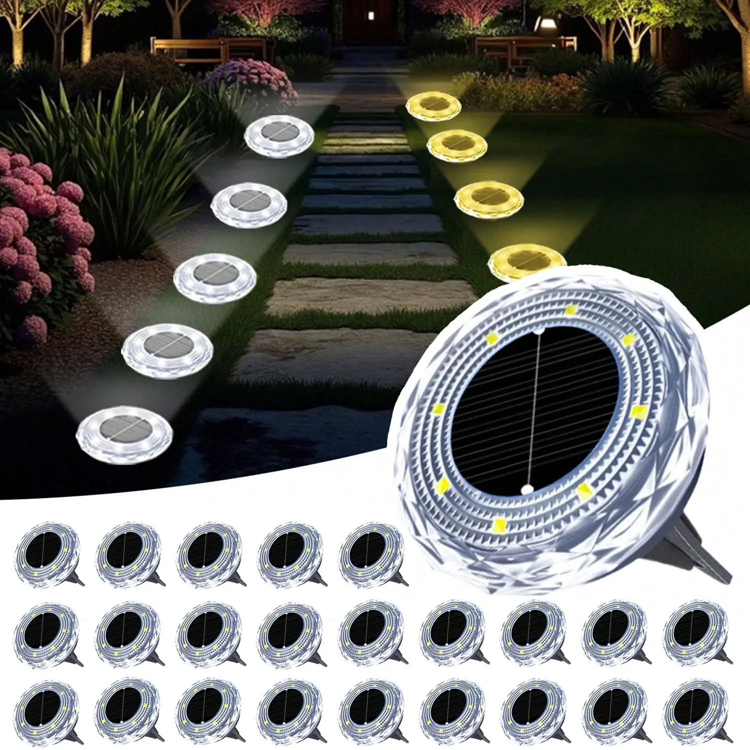 JNOEC Solar Lights Outdoor Waterproof, 24 Pack Solar In-Ground Lights 8 LED IP68, Garden Decor for Outside, Outdoor Solar Lights for Garden, Solar Lights for Patio Outdoor, Solar Buried Lights High Brightness for Pathways Sidewalks Lanes Courtyard