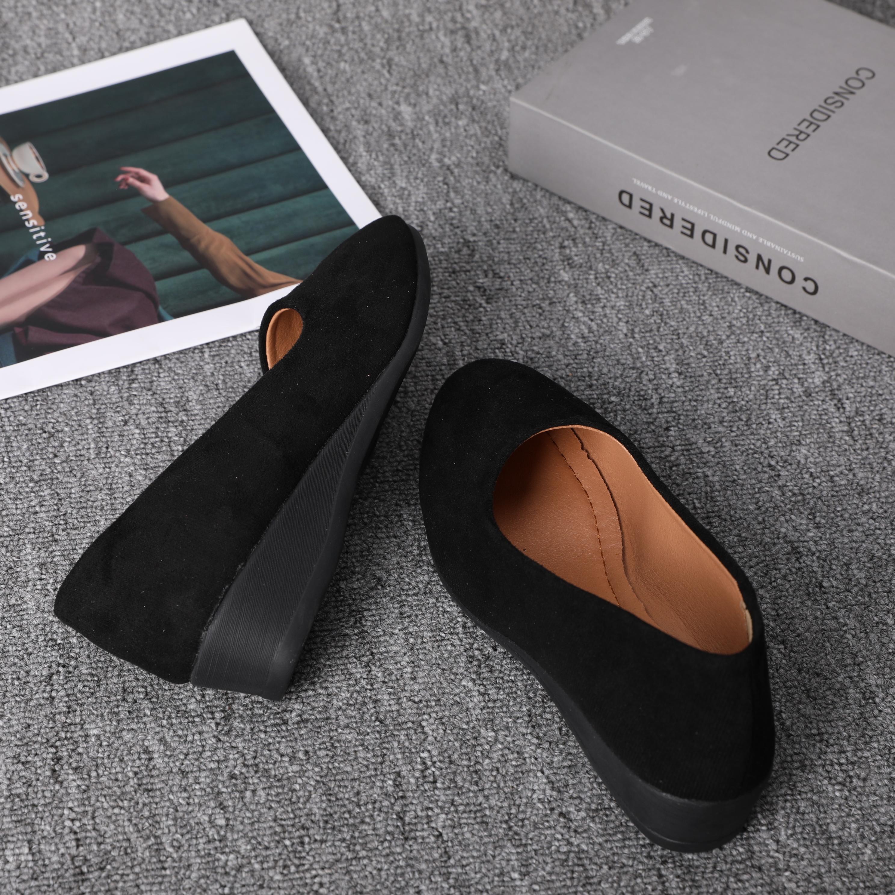 Women's Black Wedge Heels Work Shoes - Wide Fit Waterproof Rain Suede Pumps Round Toe Elegant Comfortable Insole Shallow Mouth Heeled Footwear Office Shoes for Women