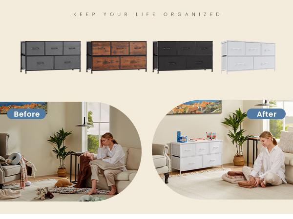 Sweet Furniture S - Organizer Storage 5, Chest of Drawers with Fabric Bins, Long Dresser with Wood Top for Bedroom, Closet, Entryway Sweet Furniture S - Organizer Storage 5, Chest of Drawers with Fabric Bins, Long Dresser with Wood Top for Bedroom, Closet, Entryway