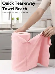 USTRADEENT Tear-Away Microfiber Cleaning Cloth Roll, 75-Piece Pink Polyester Towels - Absorbent, Soft, Lint-Free for Home, Window Cleaning