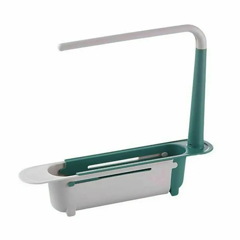 1 PCS Upgraded Telescopic Sink Organizer Rack - 2-in-1 PP Plastic Expandable Storage Tray with Buckle, Detachable Tray, Hollow Basket, Sponge Soap Holder, Cloth Hook, Easy Clean Lever, Fast Expand/Retract, Easy Installation, Tools Stay Sorted (Green)
