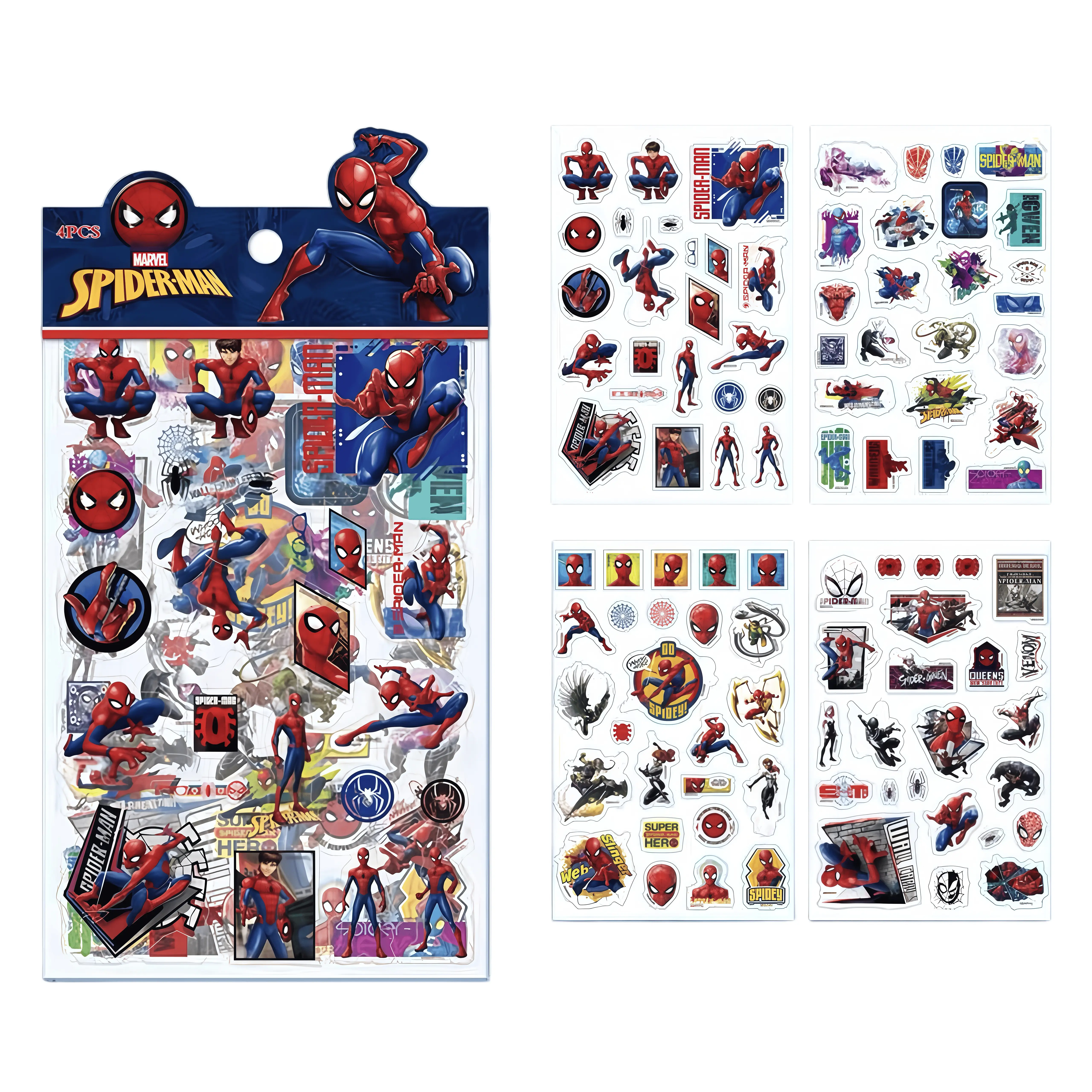 Marvel Spider-Man 4-Pack Waterproof Stickers, Spider-Themed Kids' Decor for Any Room, Ideal Gift for Superhero Fans to Inspire Creativity