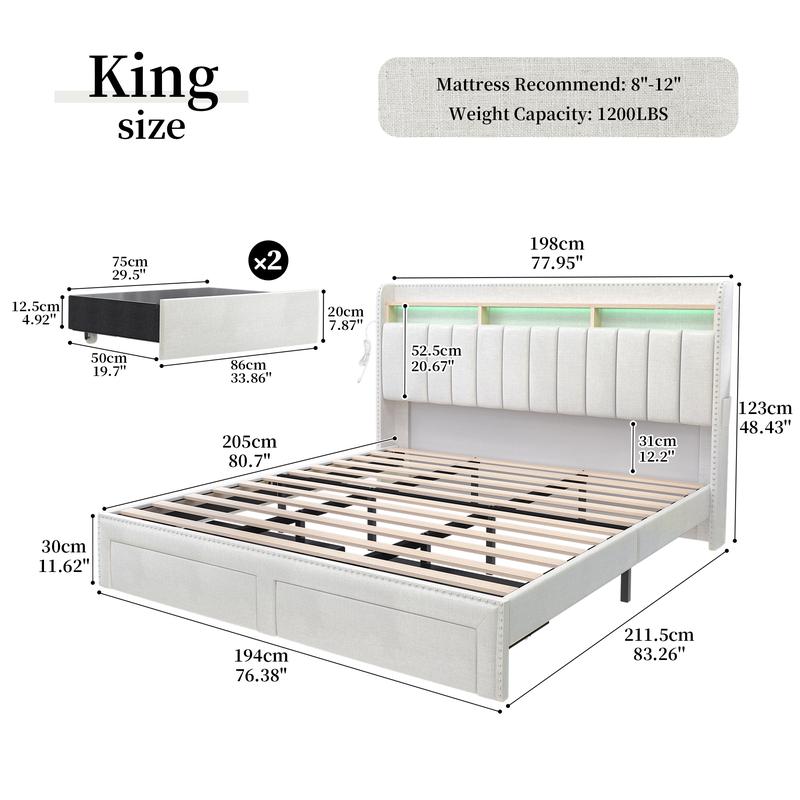 SIBEDS Queen LED Bed Frame with Storage Drawers Modern Platform Bed with 2-Tier Linen Upholstered Wingback Headboard Channel Tufted Rivet Detail No Box Spring Needed