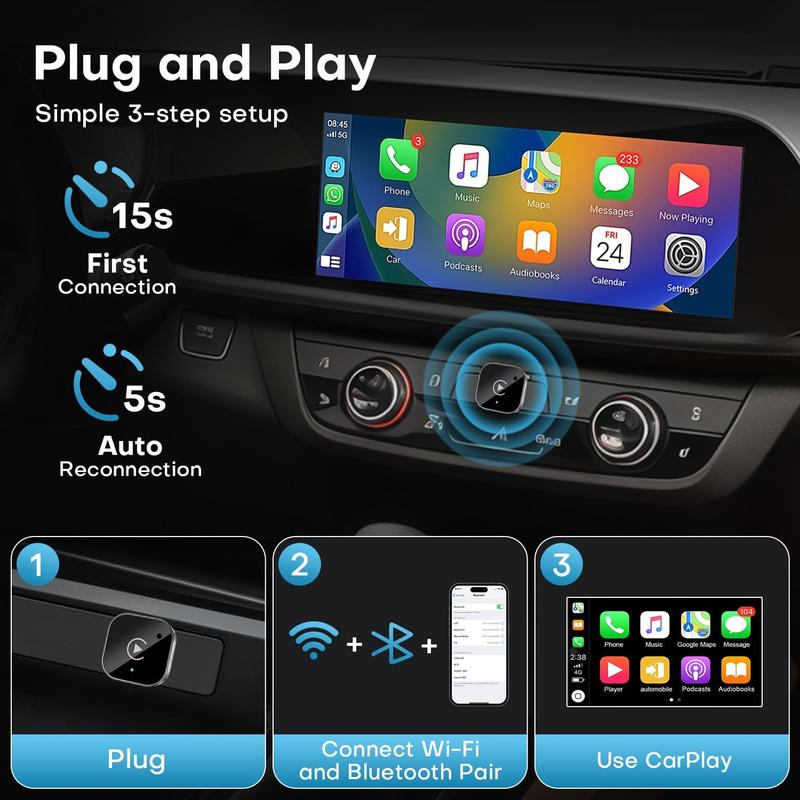 2-in-1 Wireless CarPlay & Android Auto Adapter, Plug & Play CarPlay Dongle Converts Wired to Wireless, Fast Auto-Connect, No Delay, Compact Design for iPhone & Android with USB/USB-C Port(Black)
