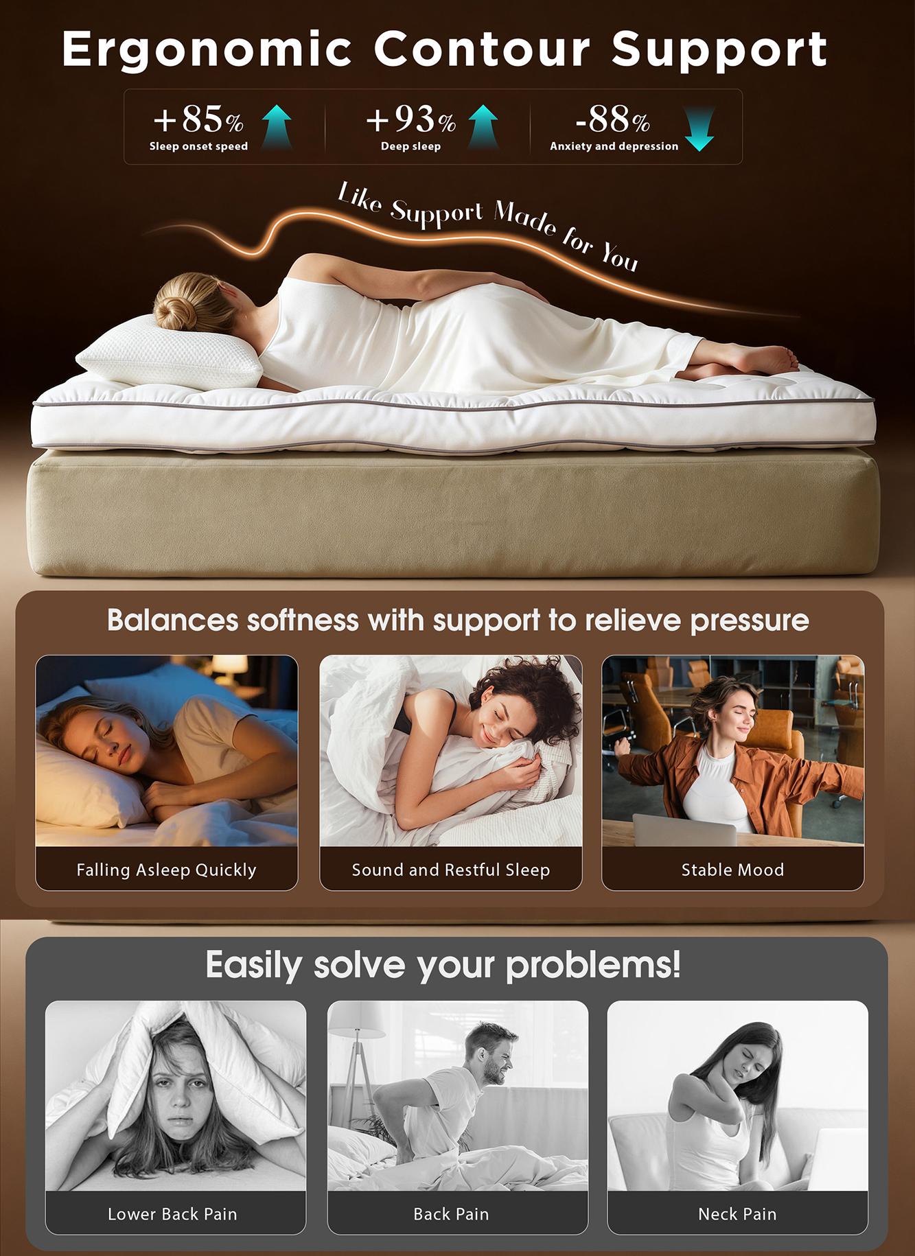 Raybee Ultra-Thick 2200GSM Mattress Topper, 3-4 Inch Memory Foam & Microfiber Hybird Mattress Pad for Back Pain & Pressure Relief, Breathable, Non-Slip, Soft & Supportive Bed Topper Pad , Twin Full Queen King  for Bedroom, Dormitory, Guestroom, RVS,