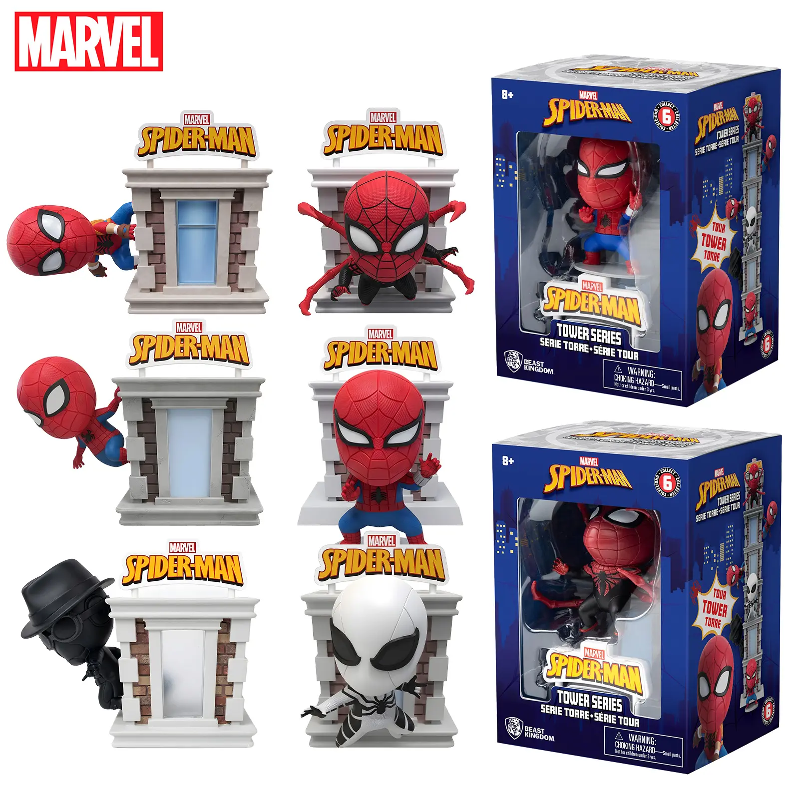 Official Marvel Spider-Man HeroBox Tower Series Mini Figure Set of 6, Window Box Collectible Toy Gift for Fans