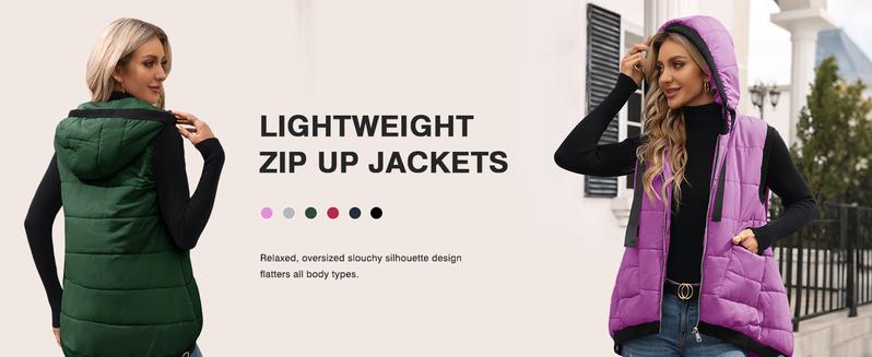 Women's Hooded Outwear Vest Lightweight Zipper Up Padded Gilet With Pockets