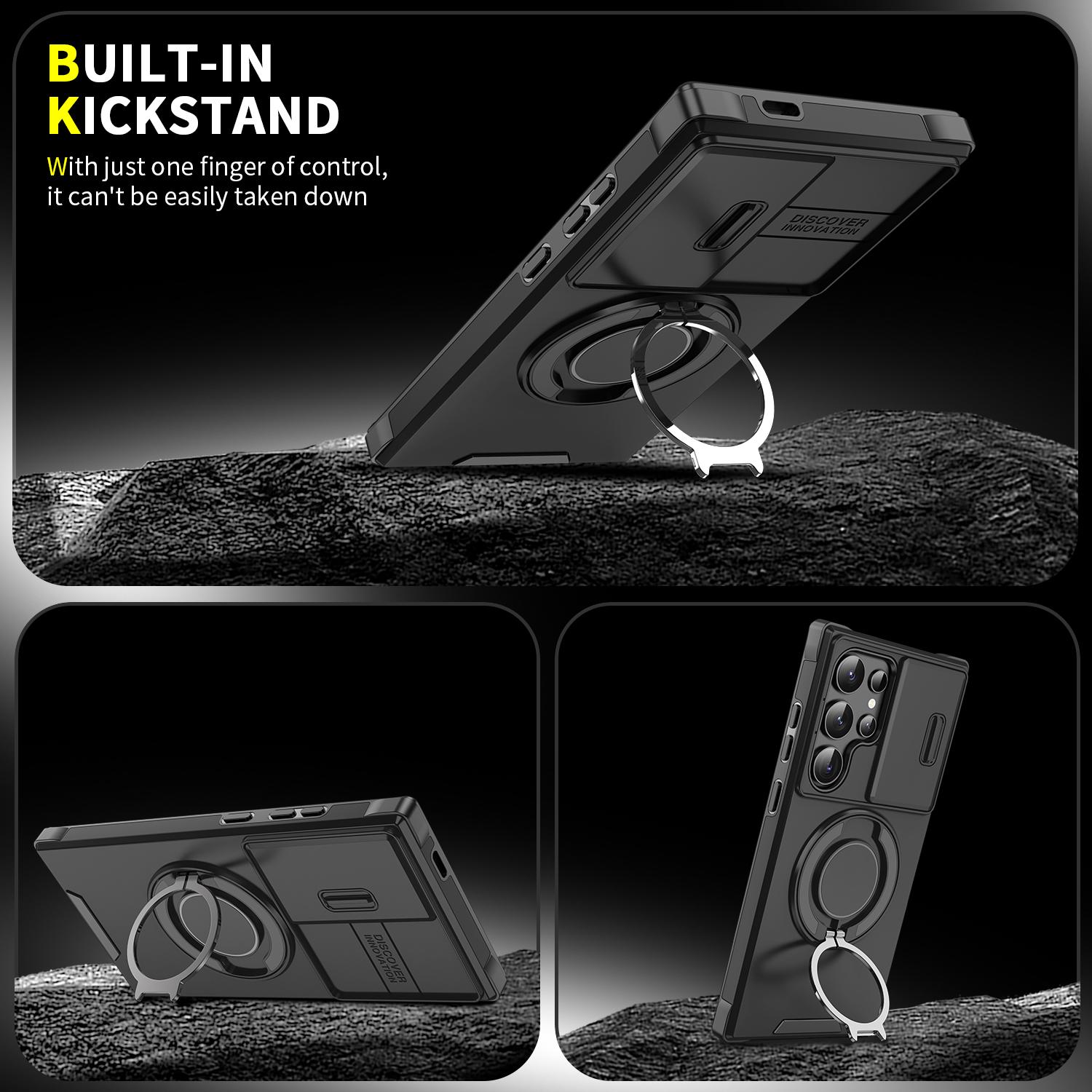 Slide Camera Lens For Samsung Galaxy S25 Ultra S24 S23 S22 S21 FE Case,Military Grade [Built-in Kickstand] Rotate Finger Ring Holder Kickstand,Heavy Duty Shockproof Heavy Duty TPU+PC Drop Protective Phone Case