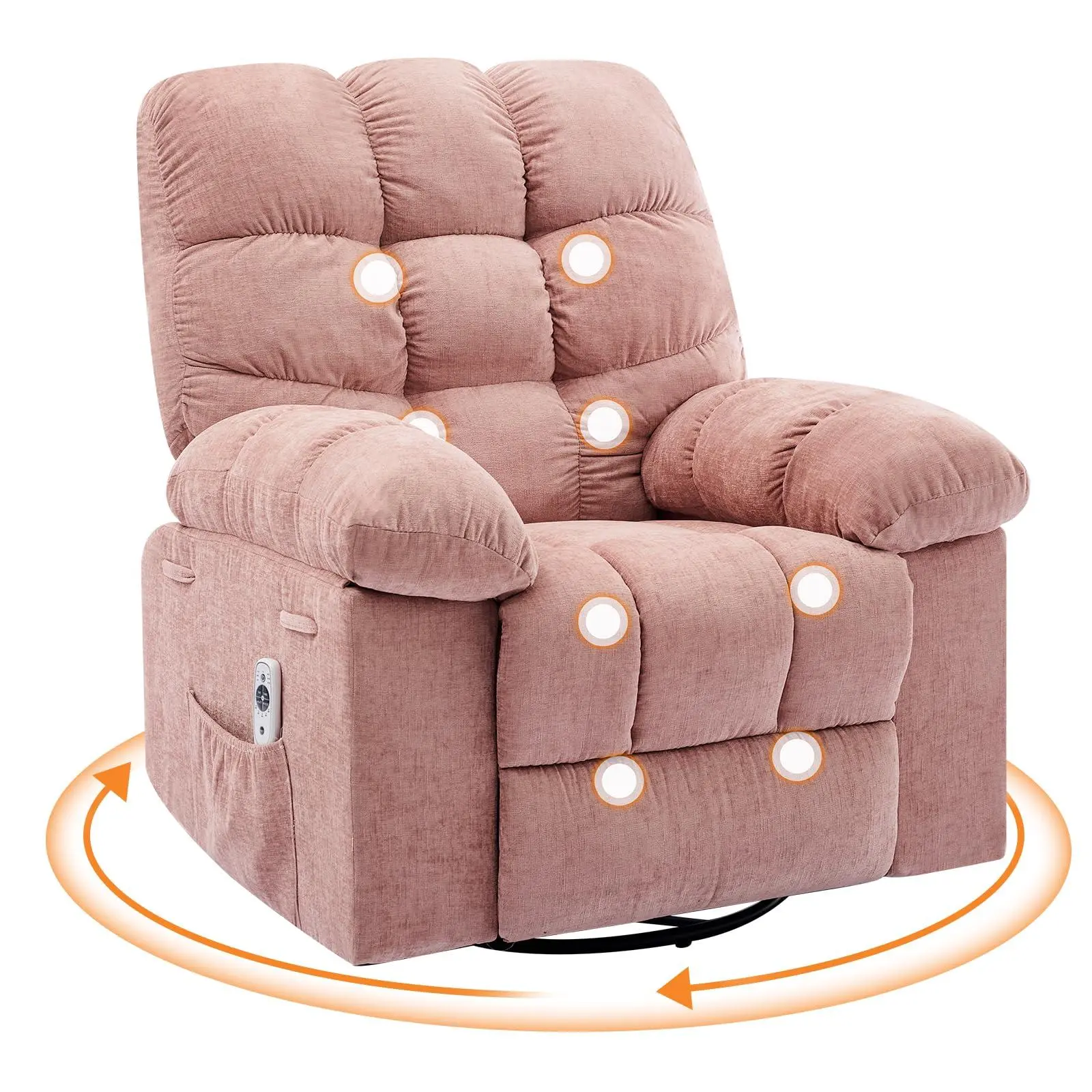 Rocking Recliner Chair,Massage Rocker Recliner Chair with Vibration Massage and Heat,360°Swivel Recliner Chairs,Oversized Rocker Recliner Single Sofa with Side Pocket,Living Room,Bedroom,Nursery,Pink