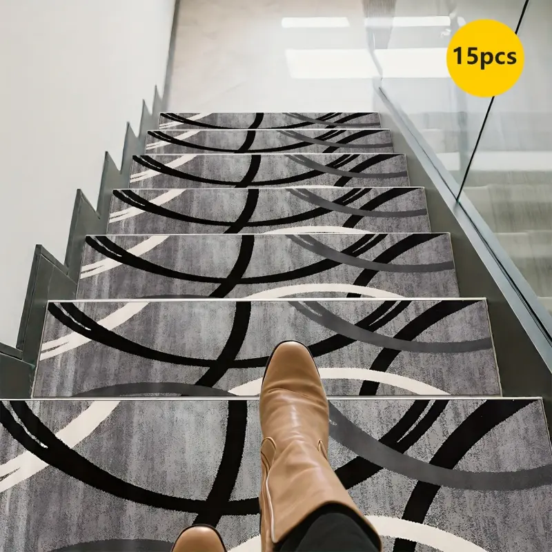 15pcs Non-Slip Stair Tread • Modern Curved Black Treads with Steps • Machine Washable Rectangular Staircase Pads for Office • Easy Install
