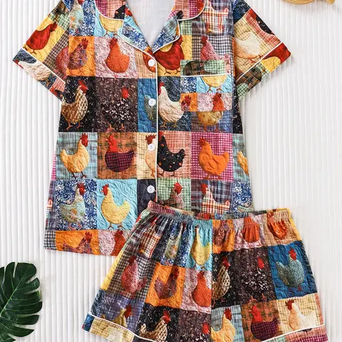 Chicken Print Pajama Set - Women's 2-Piece Short-Sleeve Mock Neck Top & Shorts, Casual Lounge Sleepwear, Black White Check & Blue Plaid Inspired Prints, All-Season Lightweight PJs, Matched Top & Shorts