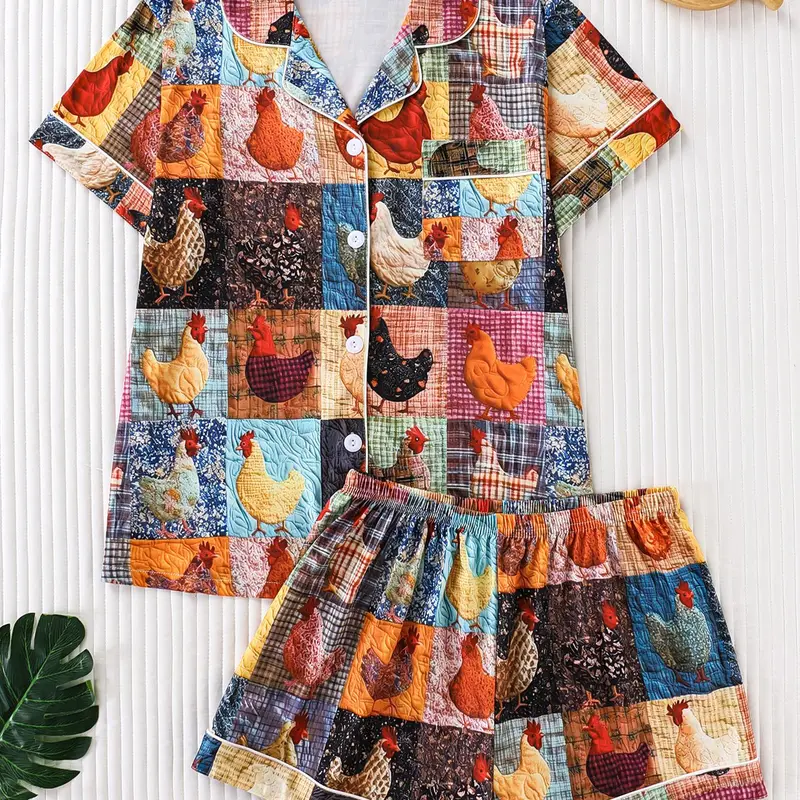 Chicken Print Pajama Set - Women's 2-Piece Short-Sleeve Mock Neck Top & Shorts, Casual Lounge Sleepwear, Black White Check & Blue Plaid Inspired Prints, All-Season Lightweight PJs, Matched Top & Shorts