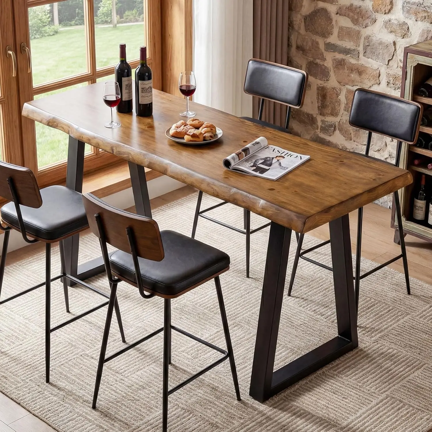 TRIBEWOOD 63" Long Live Edge Rectangular Pine Board Commercial Grade Counter Height Pub Table - Stainless Steel Composite Metal Legs, Heavy-Duty, Simple Setup, Multipurpose Home Bar Furniture for 4-6 Guests, Restaurant Use