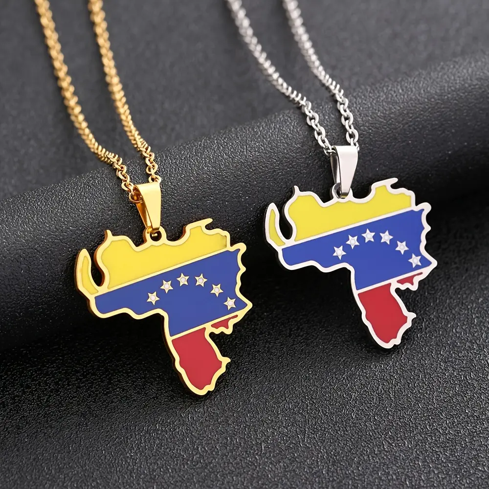 2pcs Venezuela Map Flag Enamel Pendant Necklace, Stainless Steel 19.7" Chain, Gold or Silver Tone for Daily Wear and Gifts