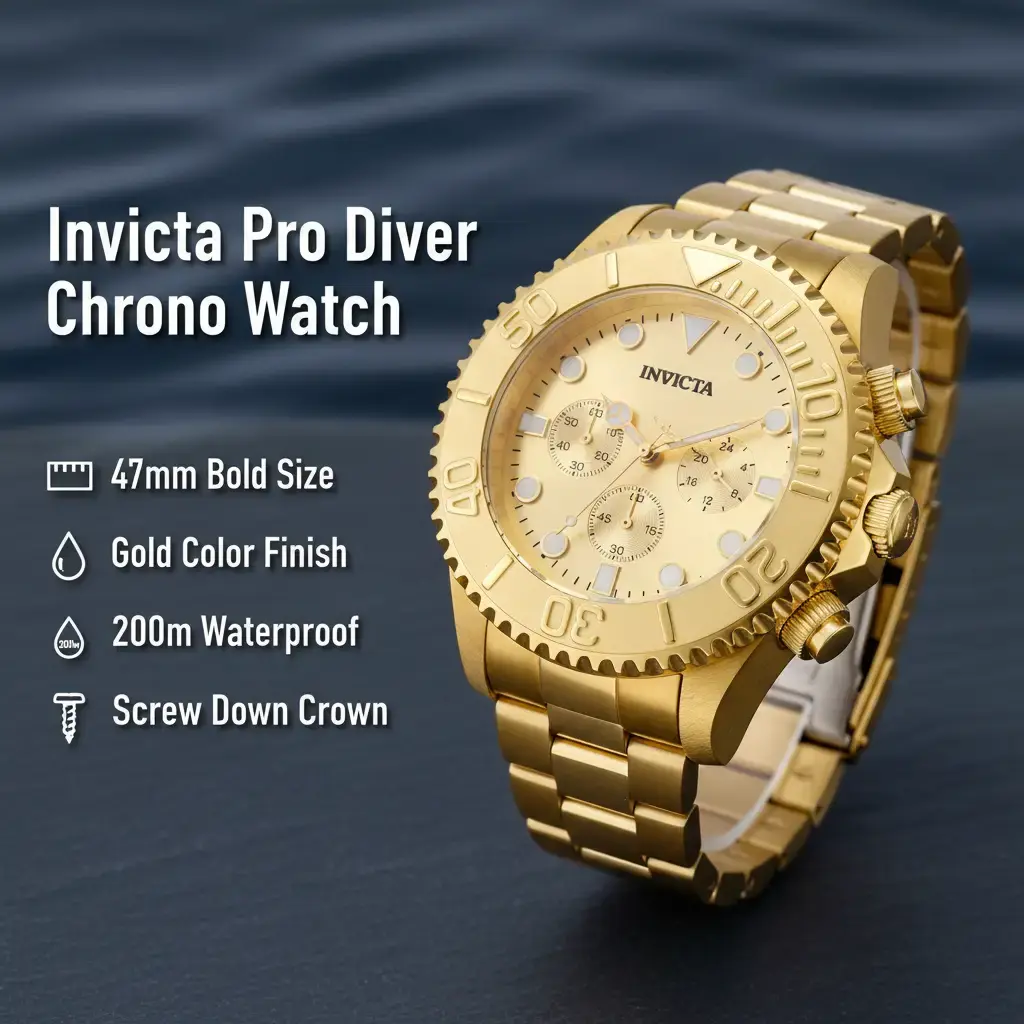 Invicta Pro Diver Chronograph 47mm Men's Watch Full Gold Tone Stainless Steel Case Bracelet Champagne Sunray Dial Three Gold Sub-Dials Japanese Quartz VD54 Movement Screw Down Crown 200m Dive Water Resistant Gold Statement