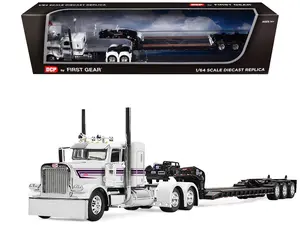 Peterbilt 389 with 36" Flat Top Sleeper and Fontaine Magnitude Lowboy White with Black 1/64 Diecast Model by DCP/First Gear