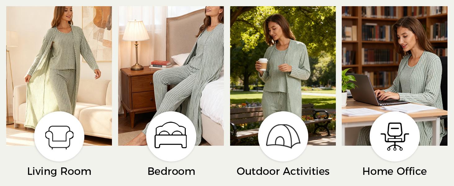 VRcomfy Women's 3 Piece Loungewear Set Knit Long-Sleeve Cardigan Cropped Top Loungewear Set