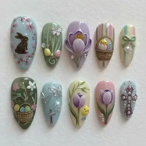 Handmade Easter Garden Nails, 3D Bunny, Chick in Basket & Tulip Press On