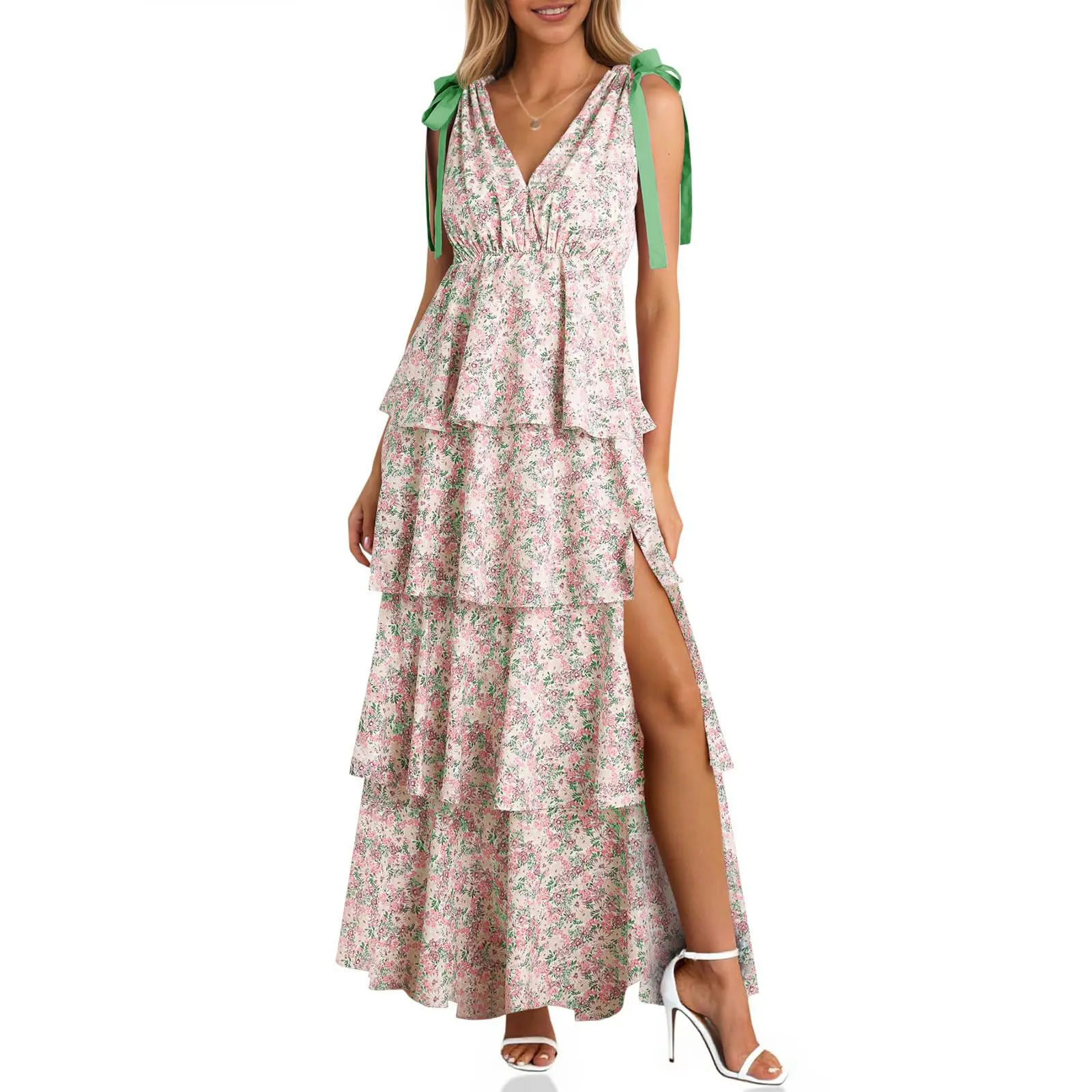 Wenrine Women's Summer Floral Maxi Dress Tie Strap Sleeveless V Neck High Slit Boho Ruffle Tiered Beach Dresses - TikTok Shop Wenrine Women's Summer Floral Maxi Dress Tie Strap Sleeveless V Neck High Slit Boho Ruffle Tiered Beach Dresses - TikTok Shop